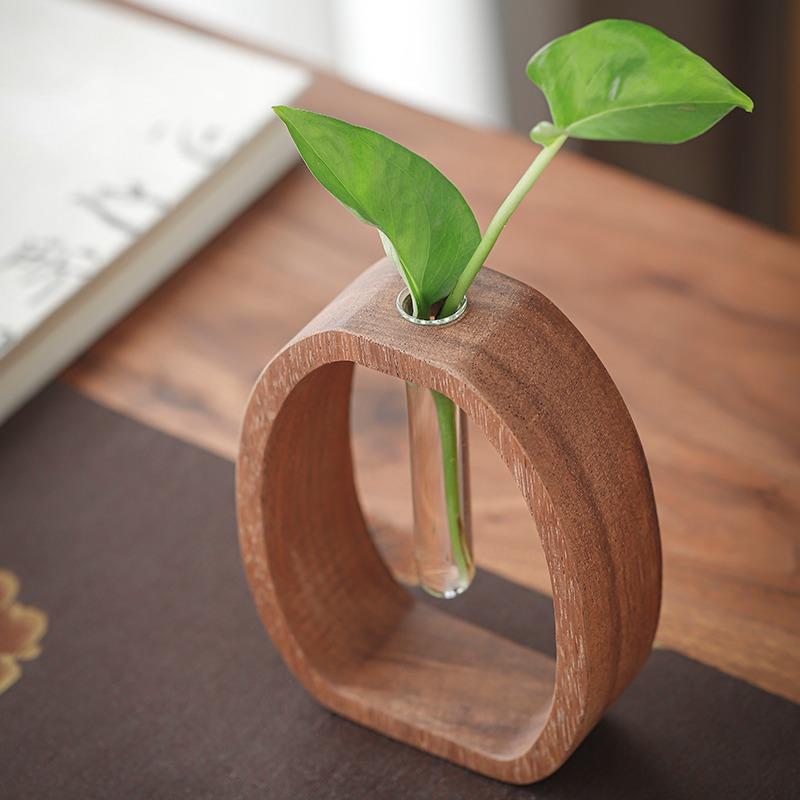 Dispositivo de flor de nogal planta hidropónica titular de la flor Japonés de madera maciza de vidrio de escritorio creativo pequeña decoración florero de tubo de ensayo de vidrio