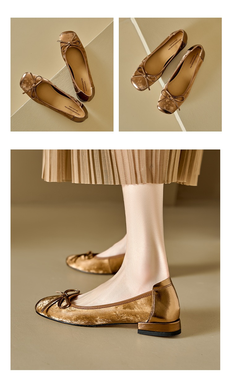 Giày ballet nữ mũi tròn da bò gót thấp nơ phối màu kiểu Trung Quốc mới — Màu nâu chi tiết 17