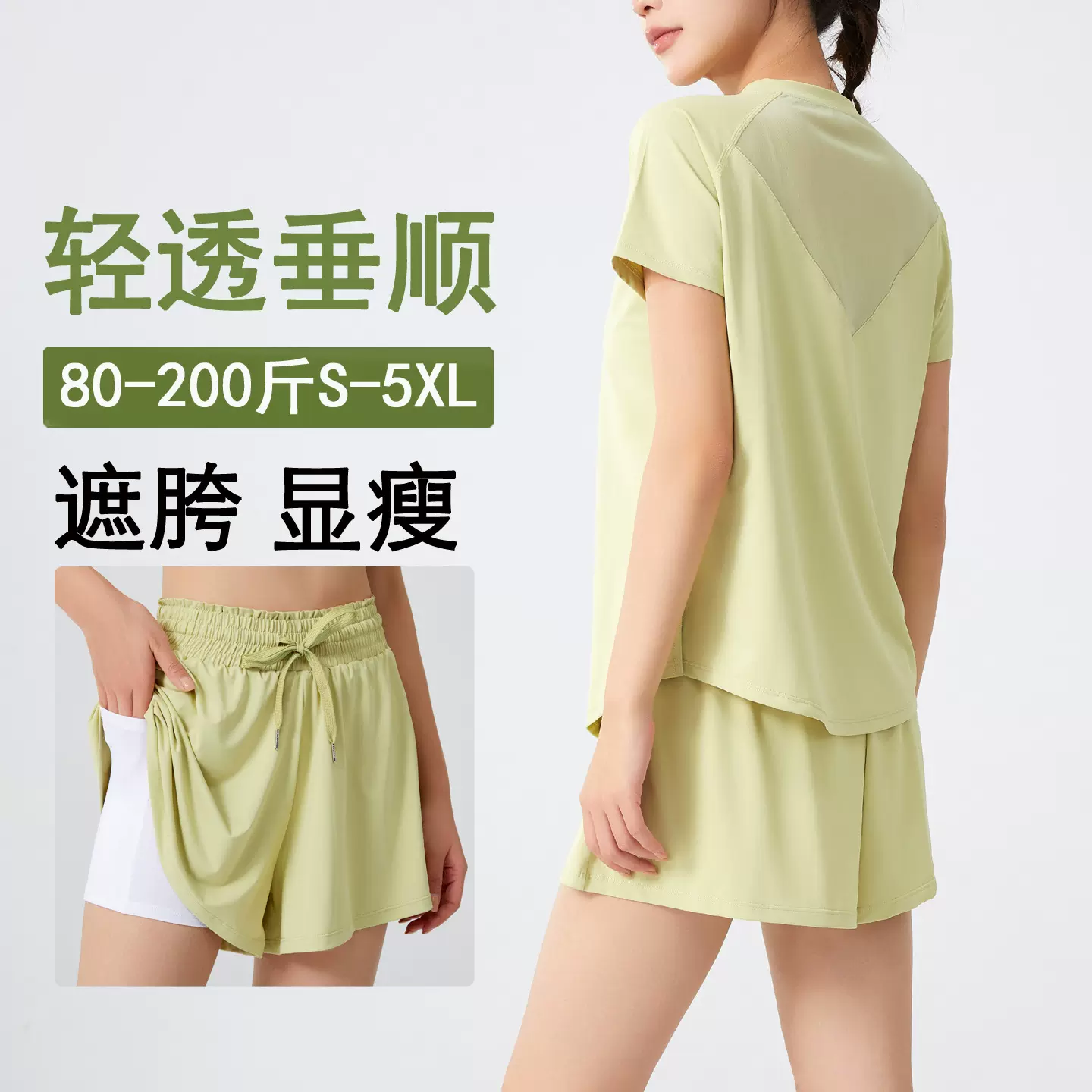 薄款瑜伽服女大码健身套装夏速干透气显瘦运动服时尚短袖遮胯短裤