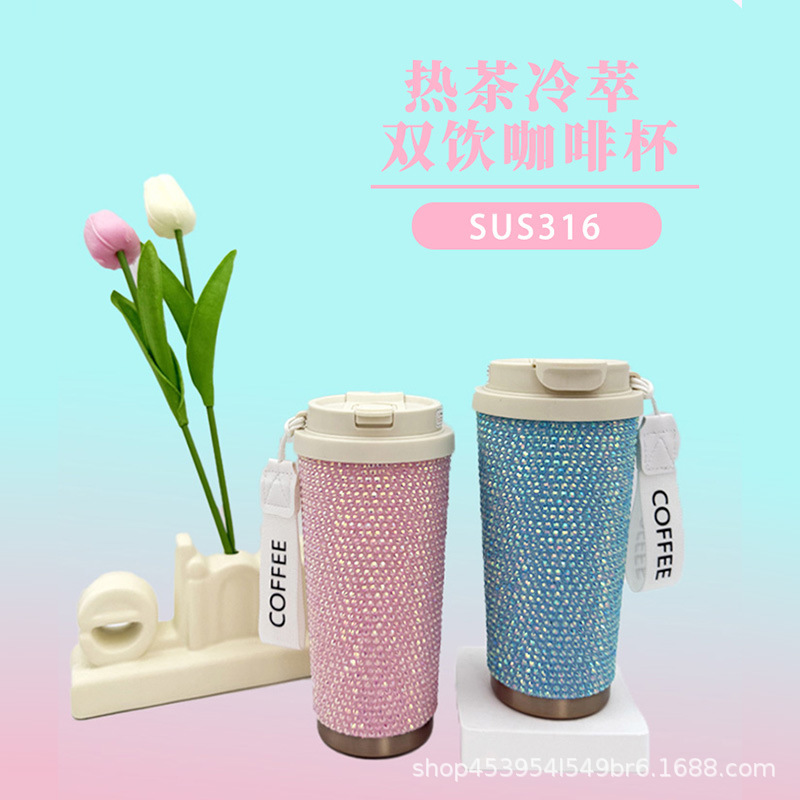 Trendy Rhinestone-Embellished Lily-Of-The-Valley Thermos Cup, High Aesthetic Value, Large Capacity, Stainless Steel, Cross-Border Hot-Selling Product, Direct Sales from the Manufacturer