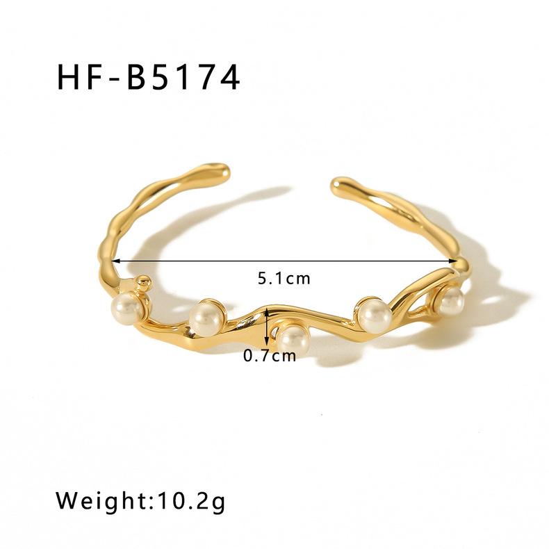 Stainless Steel 18K Gold Plated IG Style Geometric Inlay Artificial Pearls Bangle display picture 5