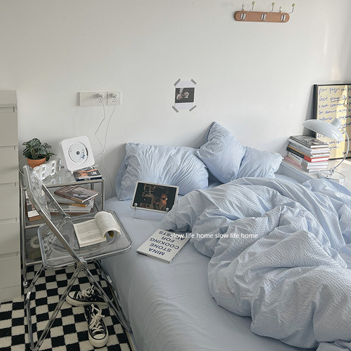 ins simple light blue waffle washed cotton bed four-piece dormitory bed sheet three-piece set summer Nantong bedding