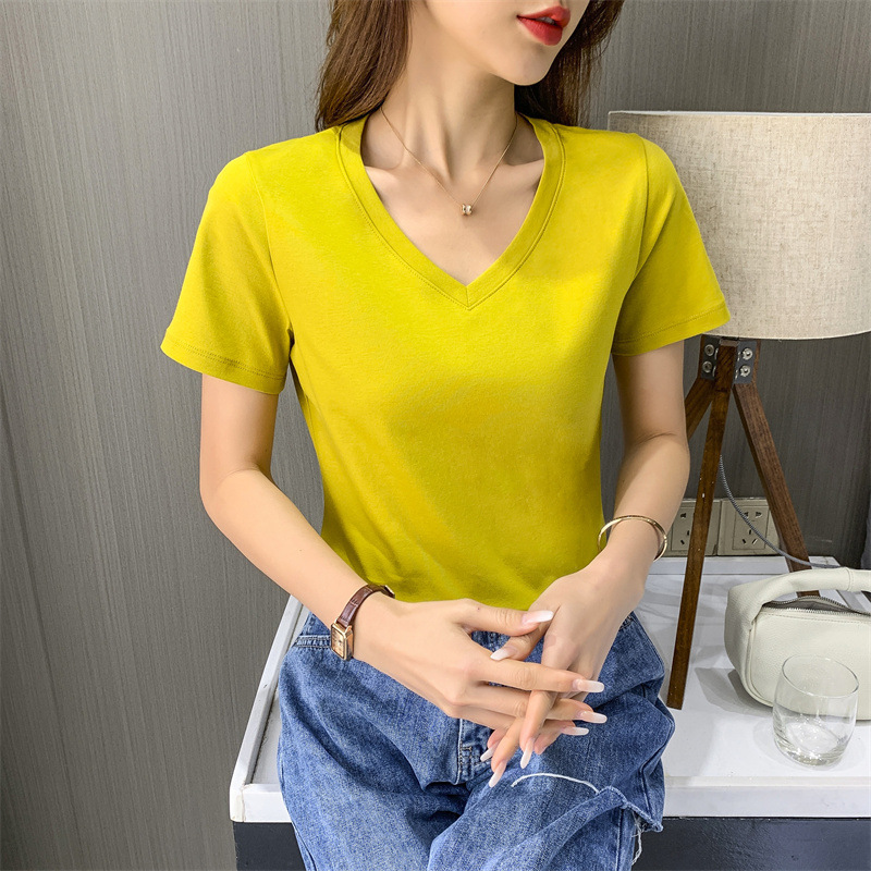 New Cool Sense Double-sided Mercerized Cotton Short-sleeved White T-shirt Women's Summer Loose V-neck Pure Cotton All-match Solid Color Half-sleeved T-shirt