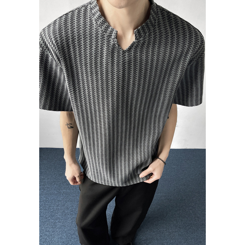 Herringbone Pattern V-neck Short-sleeve T-shirt Men, Summer Trendy American-style Clothing, Loose Fit, Heavy-duty_voghion.com