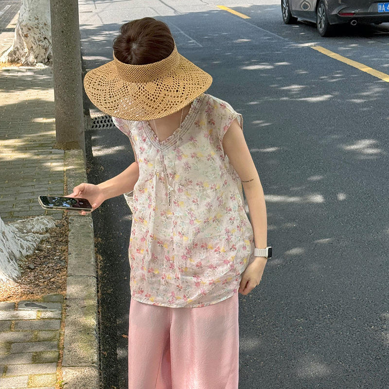 Leino Korean-Style Floral Ramie Sleeveless Blouse for Women, Summer 2026 New Vintage Breathable Versatile Tank Top Shirt Leino Korean-Style Floral Ramie Sleeveless Blouse for Women, Summer 2026 New Vintage Breathable Versatile Tank Top Shirt