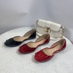 rv方扣中空单鞋职场通勤名媛淑女风浅口平底时装凉鞋漆皮低跟舒适