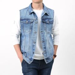 春秋デニムベスト、万能メンズレトロトレンドジャケット、大きいサイズ、純綿、多ポケットベスト、レトロスタイル