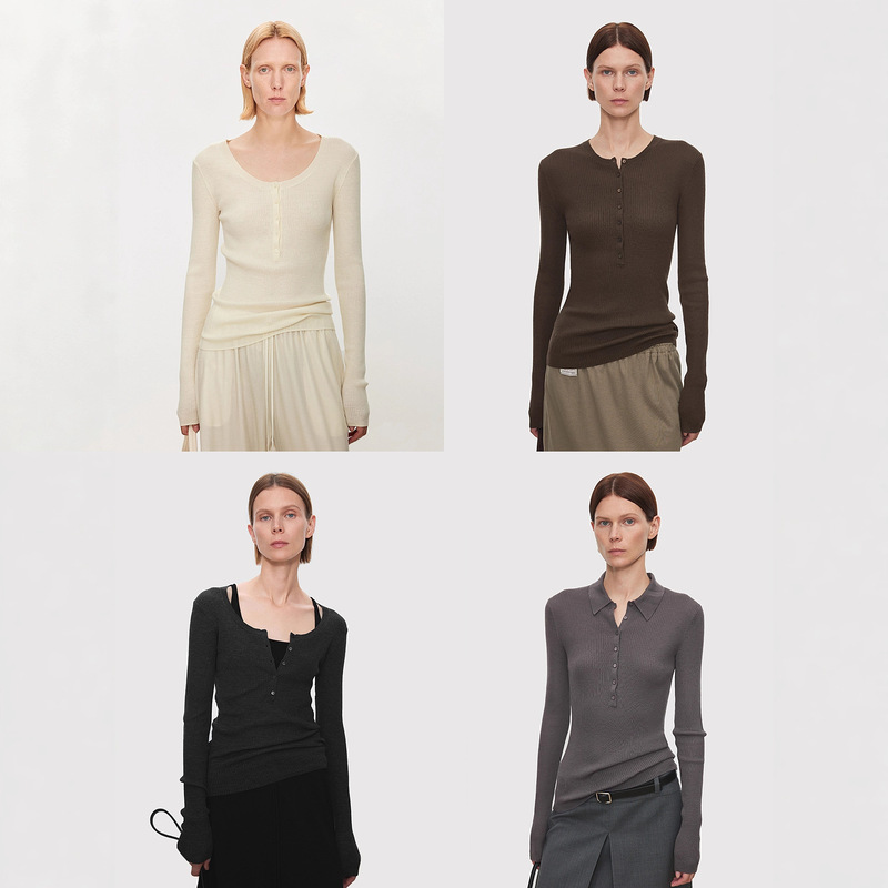 Chicjoc Layered Style_Skin-Friendly Pure Wool Exquisite Narrow Edge Henry Round Neck/Polo Collar Knitted Base Chicjoc Layered Style_Skin-Friendly Pure Wool Exquisite Narrow Edge Henry Round Neck/Polo Collar Knitted Base