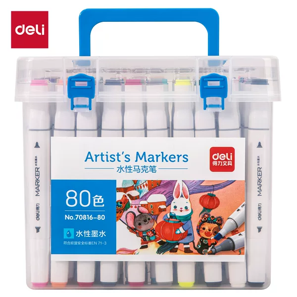 70816 Deli Water-Based Marker Pens with Square Barrel, Washable, Dual-Tip, Beginner's Markers for Anime, 12/24/36/48 Colors
