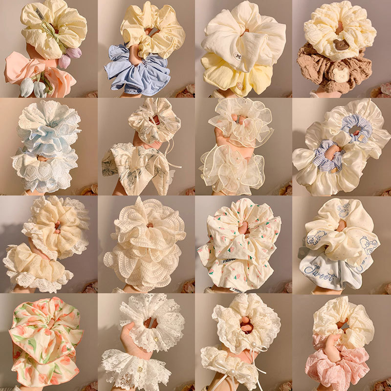 Encaje de flor coreana Encaje de intestino grueso Anillo de cabello femenino Cabeza de flor de viento pastoral Cuerda de cabeza de bola de gran tamaño Accesorios para el cabello de alta calidad