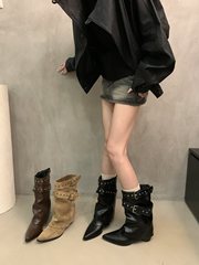 美式辣妹皮带扣裤管靴短筒靴女靴2025早秋新款小众设计短靴西部靴