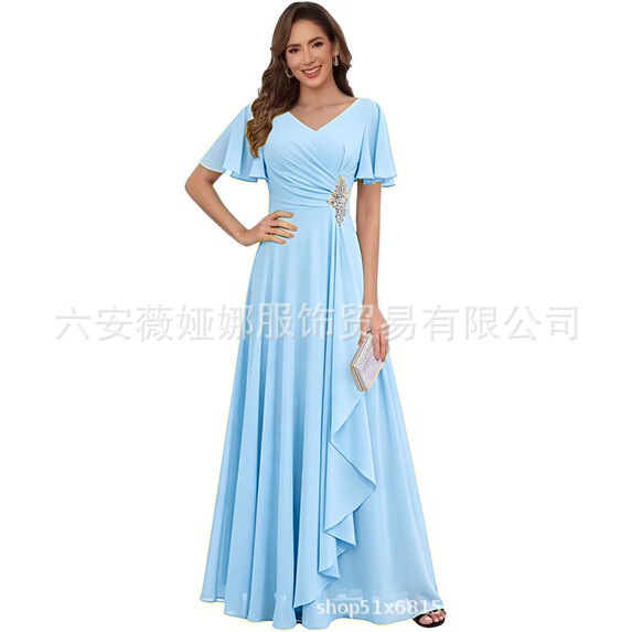 Amazon cross-border V-neck chiffon dress for mothers, 2026 new model, high-end elegant evening dress for parties Amazon cross-border V-neck chiffon dress for mothers, 2026 new model, high-end elegant evening dress for parties