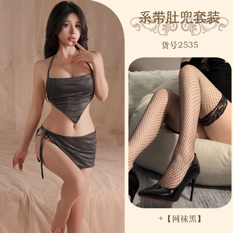 Lencería sexy banda para el vientre traje de falda corta pasión cuello halter con cordones ropa de seducción uniforme A368