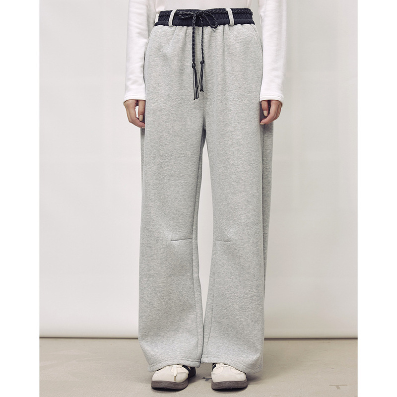 【Shengdu】25 Winter New Japanese Style Versatile Color-Block Fleece 100% Cotton Straight Sweatpants for Women