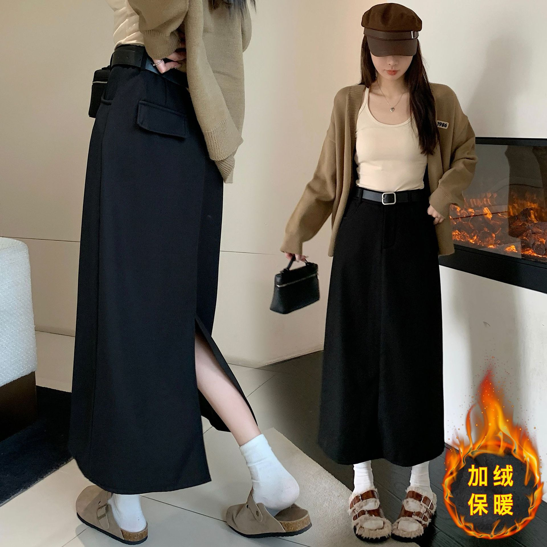 Autumn and Winter High Waist Thickened Suit Rear Split Retro Design Sense Long Slim Skirt Women's 7729 7731#