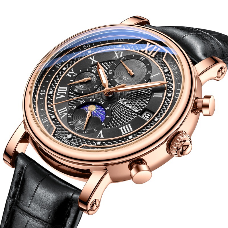 Dawn multifunctional real three-eye six-pin men's watch moon phase calendar timing Business live cross-border manufacturers quartz watch