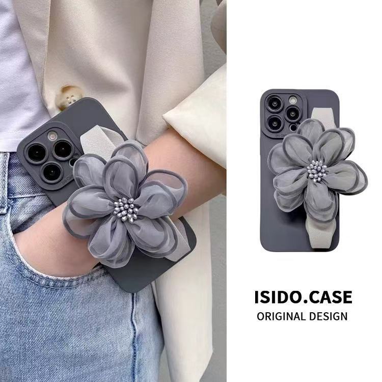 Pulsera de flor de gasa gris de viento frío para estuche para teléfono móvil 16ProMax iphone14 Apple 15 diagonal 13 premium