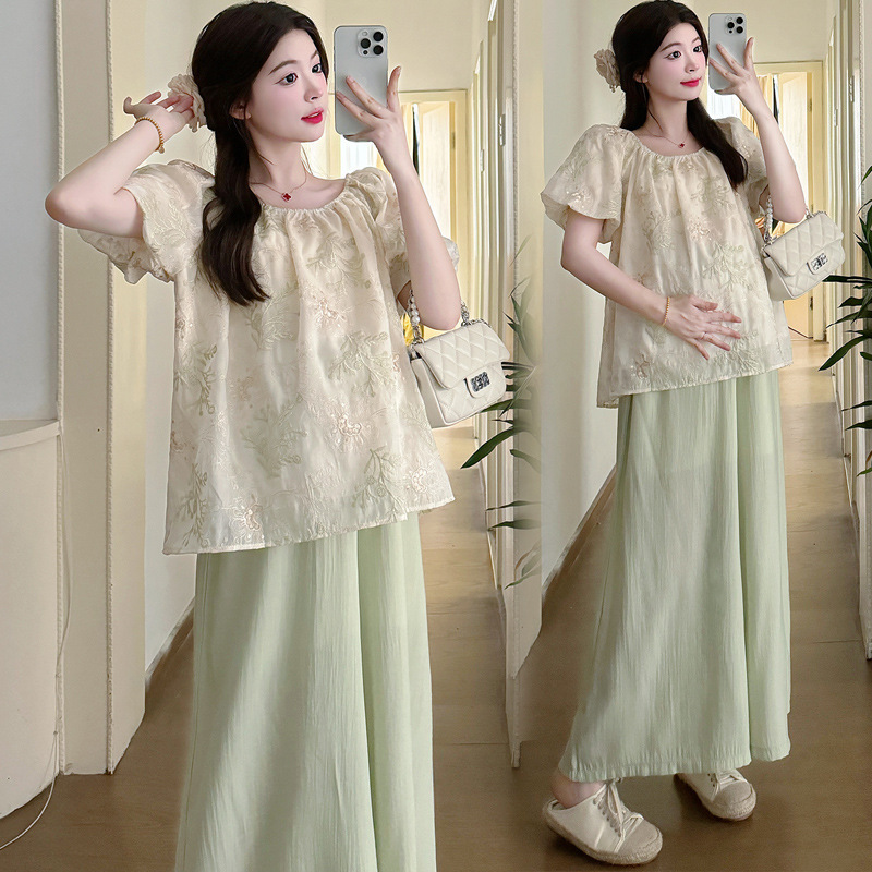 Pregnant Women's Summer Fashion Trendy Mom's Small Loose Sweet Square Collar Thin Bubble Short-sleeved Top Pants Two-piece Set