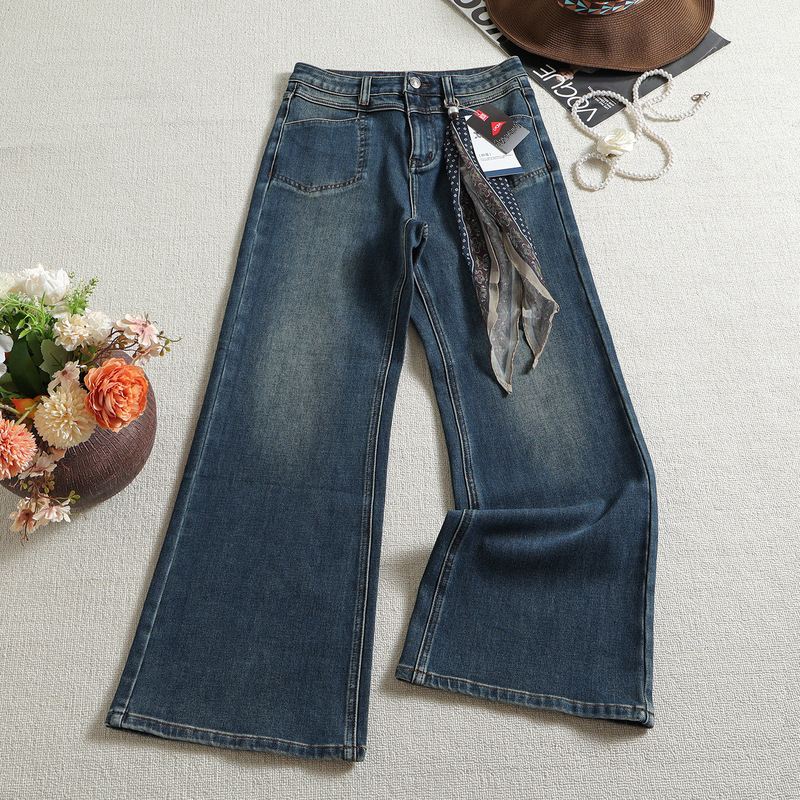 360 Perfect Stretch Lycra Flared Jeans for Women, Vintage High-Waisted Slimming Ribbon Fashion Versatile Floor-Length Pants