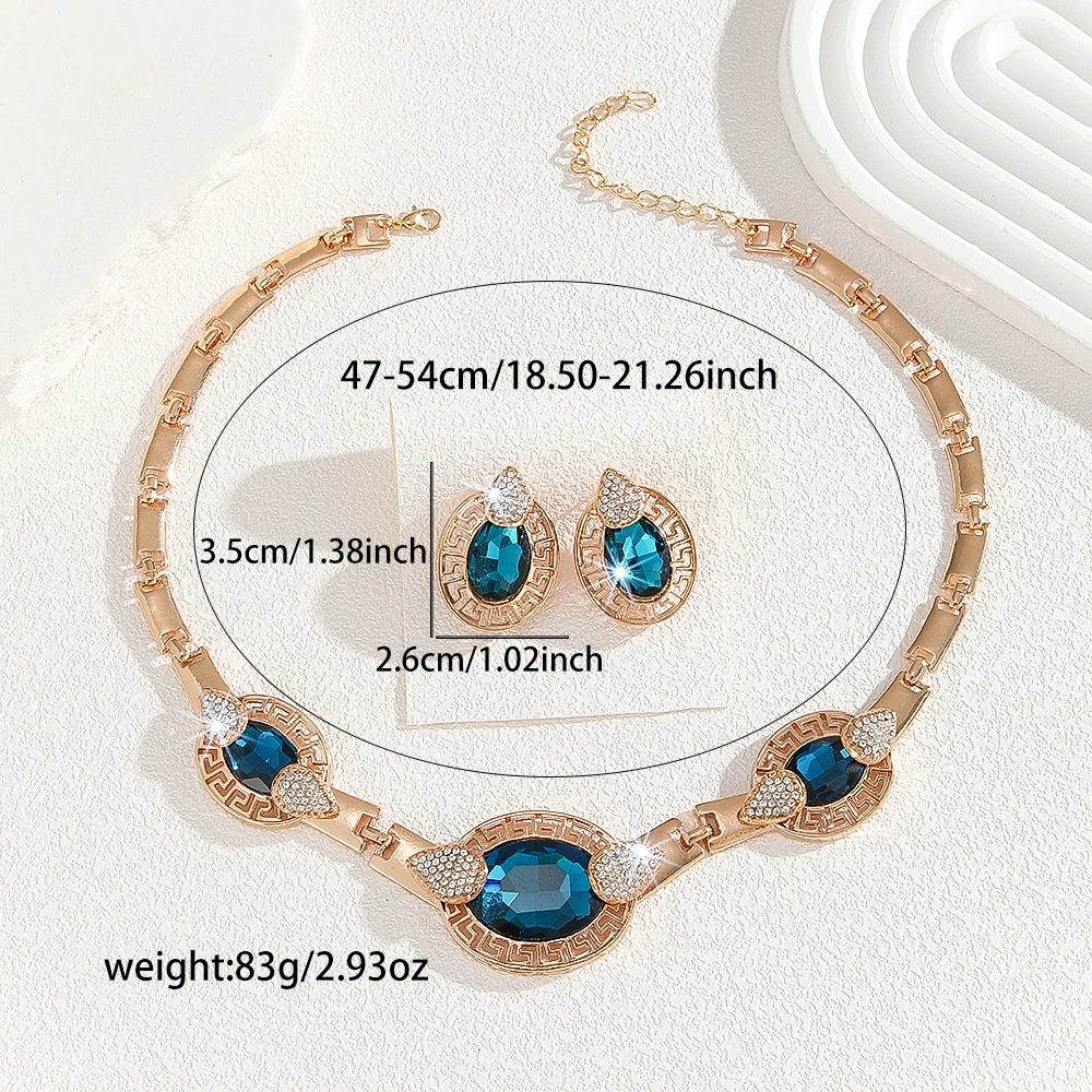 Золотисто-металлическая белая вставка камня, синий кристаллический кулон, ожерелье и серьги, комплект, аксессуар, европейский стиль