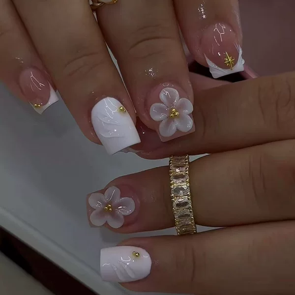 Simple French-style press-on nails with three-dimensional floral embossing and gold beads, ins-style nail patches, finished detachable fake nails