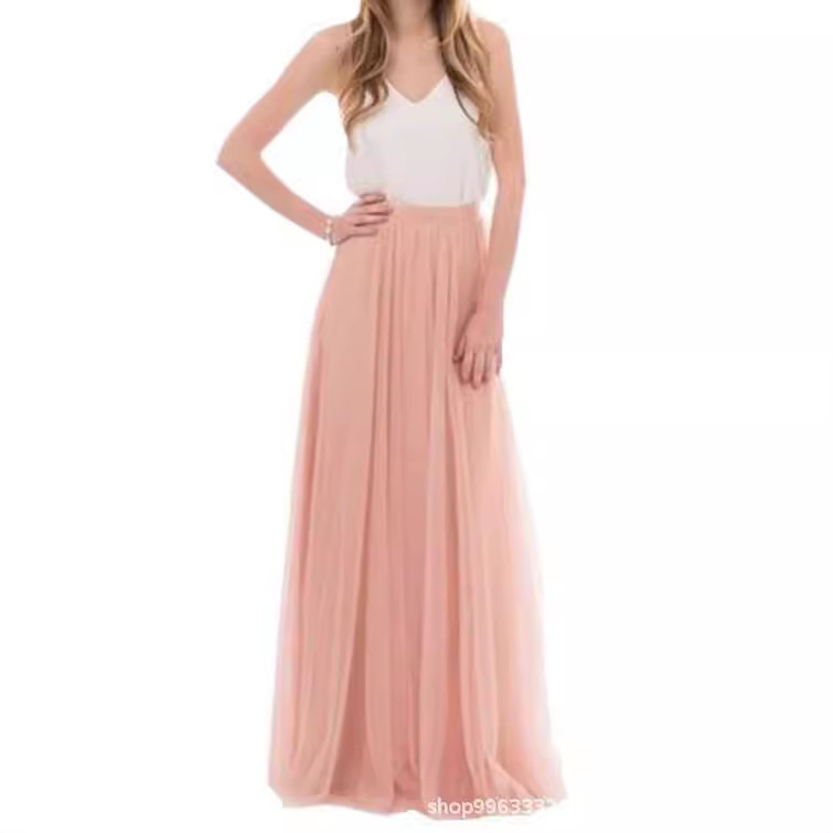 Foreign Trade Women's Skirt, Elegant Long Skirt, Pure Color Encrypted Double-Layer Soft Mesh Skirt, European and American Bridesmaid Skirt, Long Style Dropshipping
