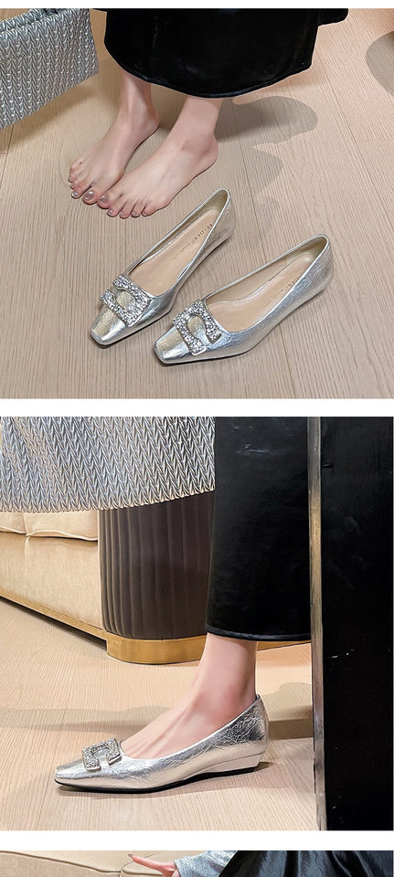 Giày bệt nữ mũi vuông gót dày 3–6 cm, mặt da bóng mềm, khóa pha lê điểm nhấn — Bạc (đơn hàng bổ sung lớn), Bạc A, Màu đỏ rượu, Vàng cổ chi tiết 5
