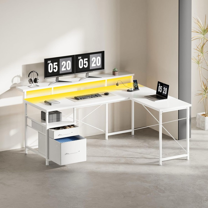 Game Table with Led Light L-Shaped Desk with Monitor Stand Computer Desk with Drawers Pc Desk with Socket