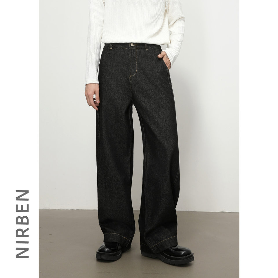 Quần jean nam denim đen dáng suông ống rộng kiểu banana lưng giữa, phong cách đường phố — Denim đen