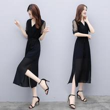 2025夏季时尚气质新款V领黑色名媛雪纺赫本开叉中长裙子连衣裙女
