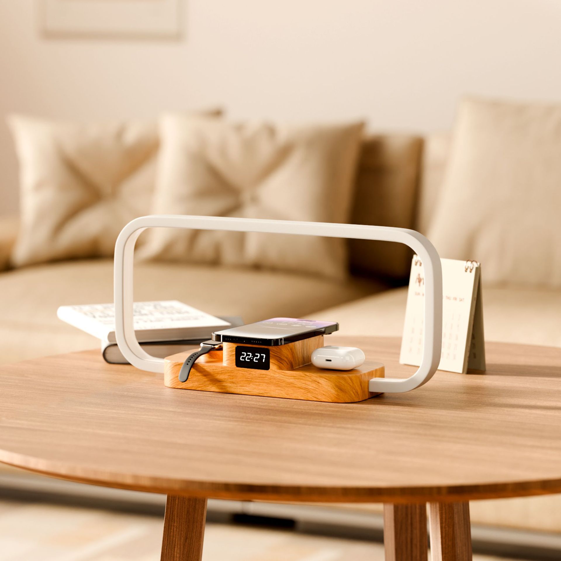Lámpara de Noche Táctil con Carga Inalámbrica Rápida de 10W, Reloj de Madera Maciza, Lámpara de Mesa de Noche para Dormitorio, Carga Rápida, Venta Caliente Transfronteriza, Suministro Directo