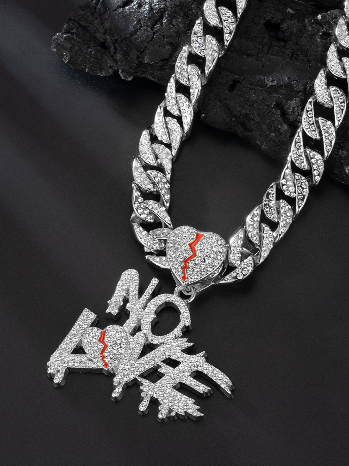 New full diamond Cuban chain splicing letter love pendant hip-hop street culture trendy men's necklace_voghion.com