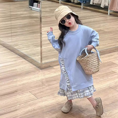 韓國童裝女童連衣裙2024春裝藍色拼接格子側開叉長袖衛衣裙公主裙