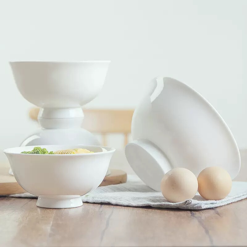 Jingdezhen Pure White Bone China Rice Bowl Ceramic Tableware Household Soup Bowl Noodle Bowl Eating Rice Bowl Tall Large Soup Bowl