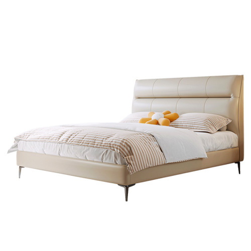 Top-layer cowhide bed, light luxury modern leather upholstered bed, double bed for master bedroom, minimalist style for small apartments and guesthouse, wedding bed