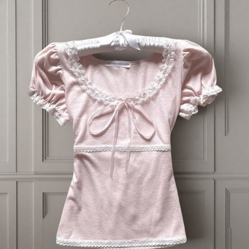 American Retro Lace Splicing Square Collar Bow Short-Sleeved T-Shirt for Women Summer Pure Desire Slim Puff Sleeve Top Trendy