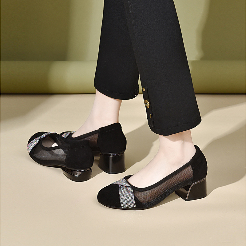 Giày sandal nữ da thật mũi tròn gót 4 cm đế mềm — Chiều cao gót 4 cm