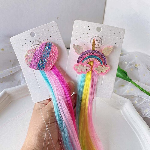 Children's wig accessories rainbow bow unicorn wig braided hair extension straight hair for party gradient color wig
