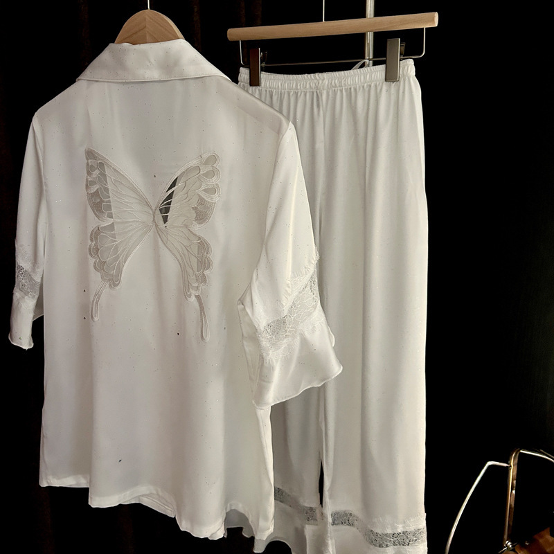 Pajamas Summer Women's Ice Silk Solid Color Hollow Butterfly High-grade Home Clothes Lace Sequins Short-sleeved Trousers suit Women