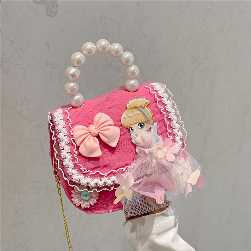 2022 nuevas niñas bolso de perlas de dibujos animados lindo arco princesa bolso de hombro estilo occidental encaje pequeño bolso de hombro