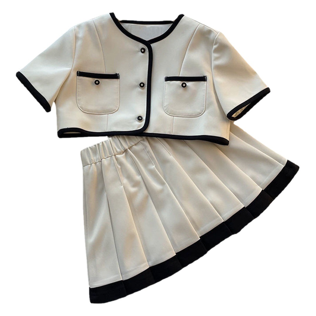 77138 nuevo traje de estilo Chanel de verano para niñas color sólido de dos piezas para niños camisa de manga corta Falda plisada
