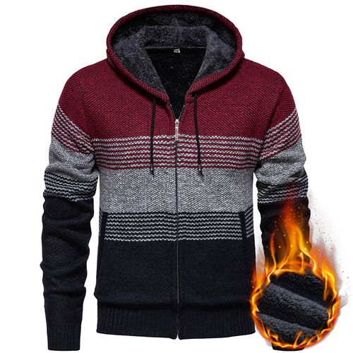 Men's Casual Hooded Knit Sweater, Fashion Contrast Color Fleece Warm Outerwear for Autumn and Winter