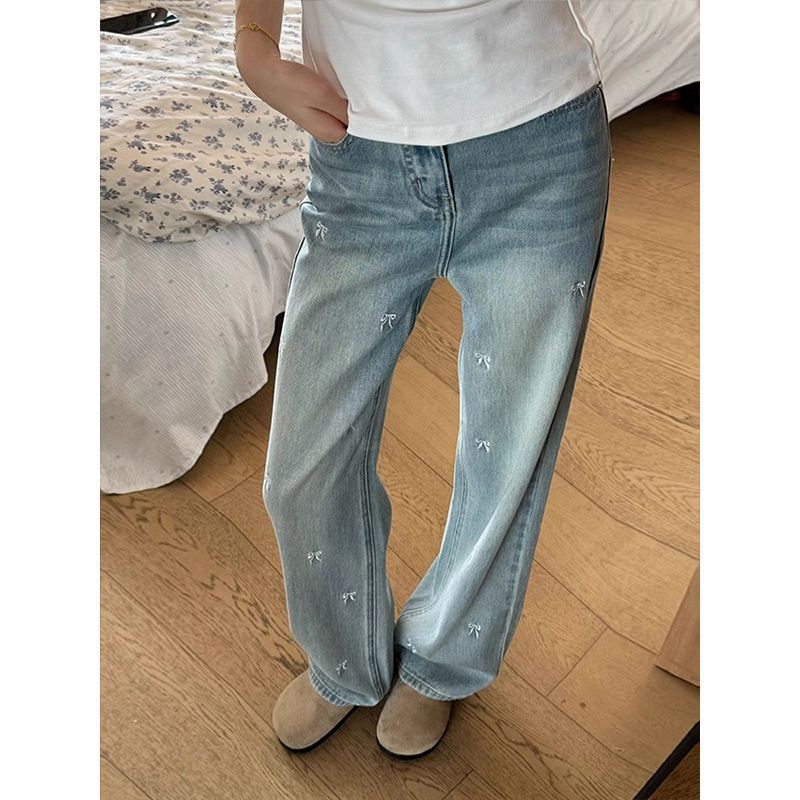 蝴蝶结刺绣阔腿牛仔裤女春季新款大码梨形身材宽松显瘦直筒拖地裤|undefined