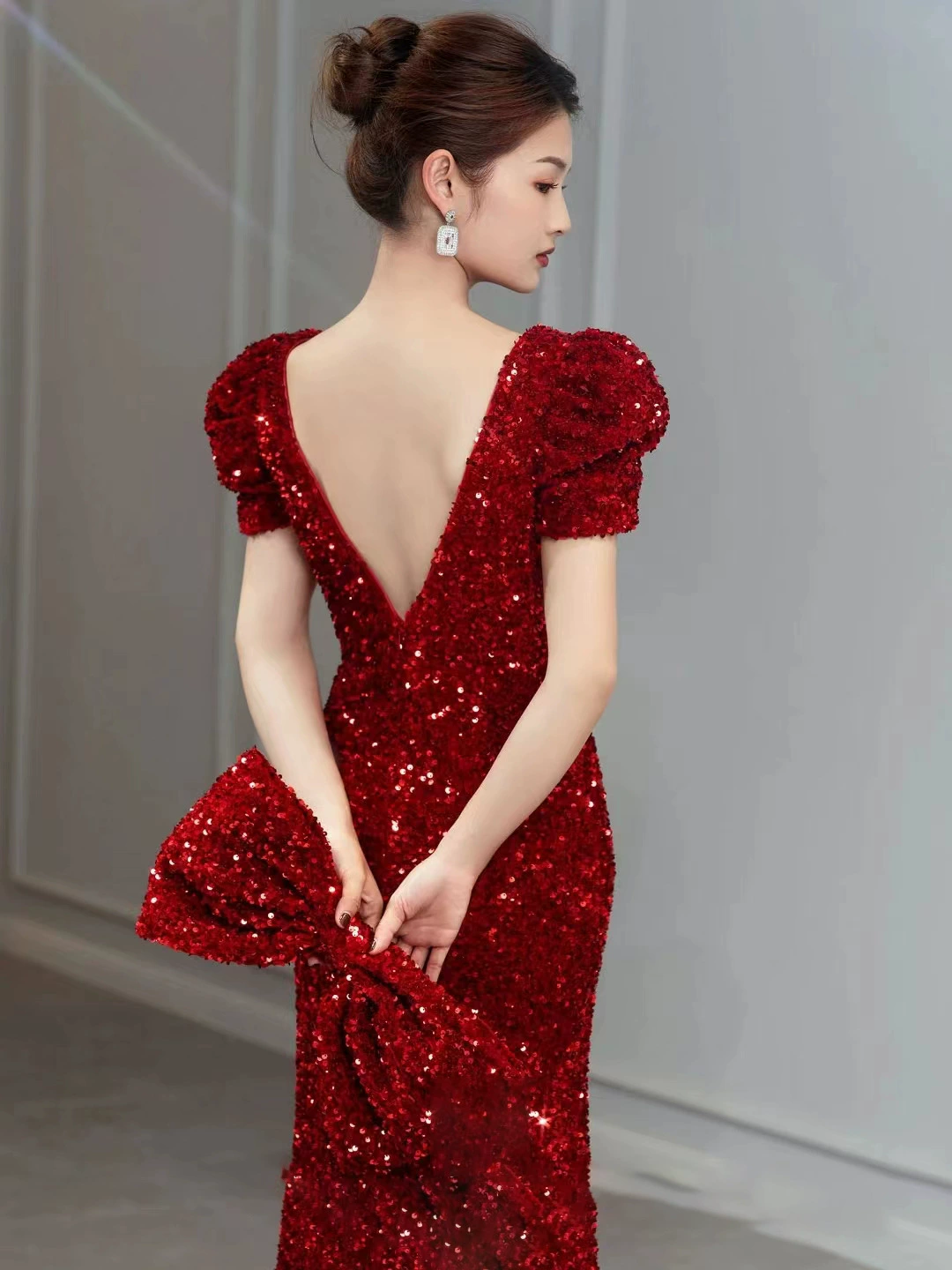Вечернее платье для невесты, длинный рукав, красные блестки на ногтях, новая коллекция, фасон «рыбий хвост», V-образный вырез, сумка для еды