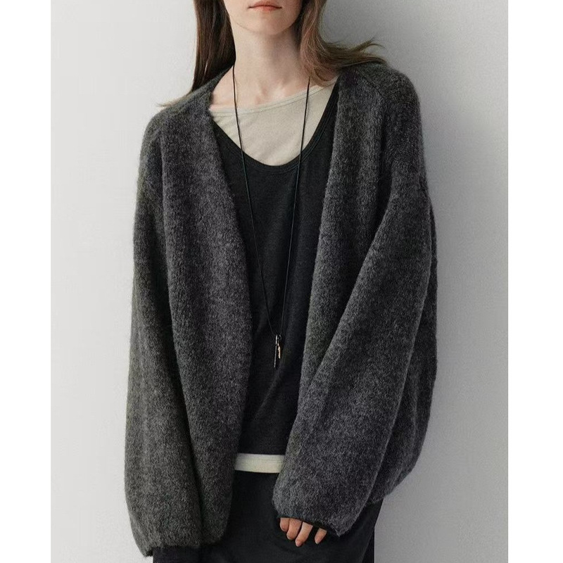 Trendy and Casual Alpaca Wool Simple Artistic Fluffy Lazy V-Neck Knit Cardigan Top for Women