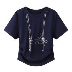 現物2025春新作アメリカンカジュアル真珠チェーンメガネプリント半袖tシャツレディースRL11001016