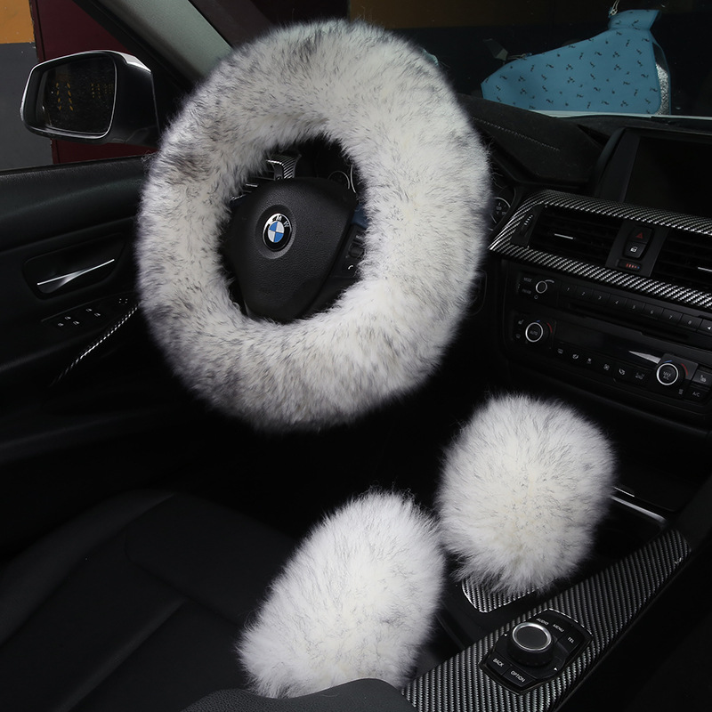 화이트 & 블랙 브러시 팁 스티어링 휠 커버 + 기어 커버 + 핸드 브레이크 커버