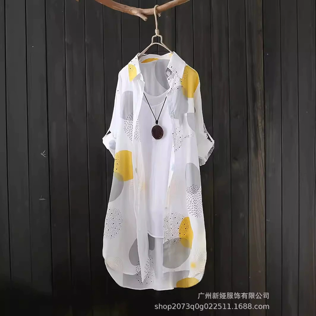 Трансграничная новая повседневная средняя длинная печать с отворотом пуговицы с длинными рукавами плюс рубашка