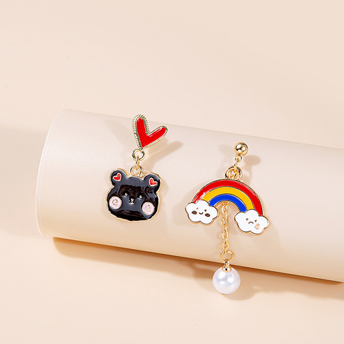 Silver Needle Asymmetrical Cartoon Balloon Bear Earrings Cute Rainbow Rabbit Cat Cake Daisy Angel Earrings