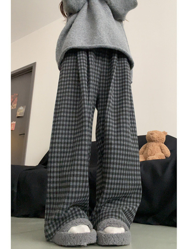 格雷系黑灰撞色阔腿慵懒风格子裤女秋季大码胖妹妹显瘦垂感休闲裤|undefined
